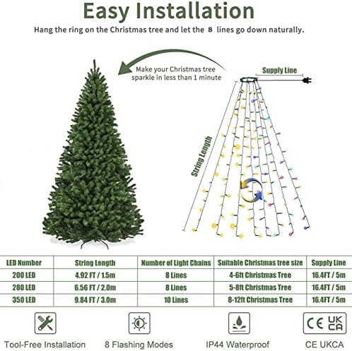 אורות מחרוזת עץ חג המולד גרסוני עם טבעת, 9.84 רגל 10 קווים אורות חג המולד עם 8 מצבי תאורה, 350 אורות קישוט