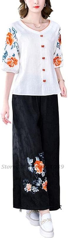 מכנסי נשים בסגנון סיני רקמה לאומית רקמה כותנה פשתן חריץ אתני רגל רחבה Hanfu Pant Pantalones צבע 1 L