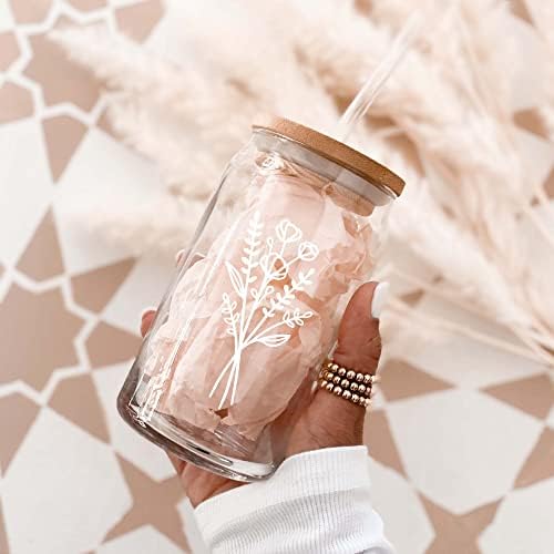 מודפרטי פרח בר עיצוב אייס קפה זכוכית יכול מים כוס ברור משקאות כוס במבוק מכסה לשימוש חוזר קש אור כלי זכוכית פרח