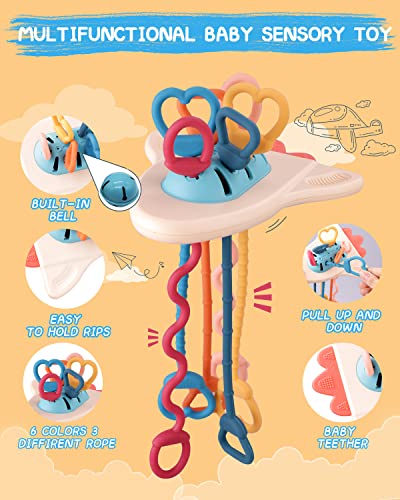 צעצוע של מונטסורי בייבי, פעוטות משיכת צעצוע חוט עם 6 חבלים צבעוניים, סיליקון טיישר טיול צעצוע