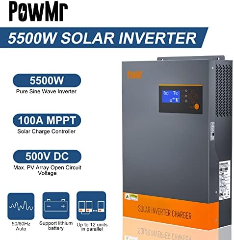 Powmr 5500W מהפך סולארי 48V DC ל- 220V-230V AC, 5.5kW מהפך גל סינוס טהור עם בקר טעינה של 100A MPPT, עבור סוללת