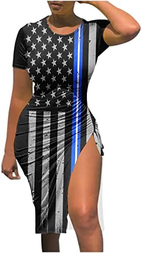שמלות סקסיות לנשים צוואר עגול שרוול קצר גוף דגל אמריקאי דגל מיני שמלת שמלת יום עצמאות מפוצלת
