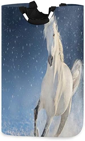 מראה שמש לבן סוס בשלג שדה גדול כביסת עם ידית מתקפל עמיד בגדי סל כביסה תיק צעצוע סל לאמבטיה, חדר שינה, במעונות,