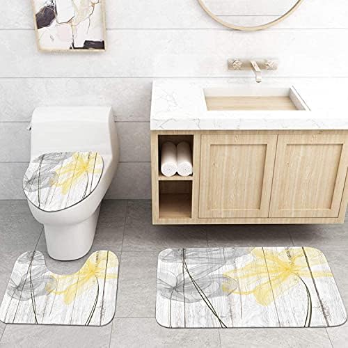 Duobaorom 4 חתיכות סט אמבטיה וילון מקלחת פרחים סט צהוב ואפור פרחוני הדפסה על שטיחים ללא החלקה על מכסה שירותים