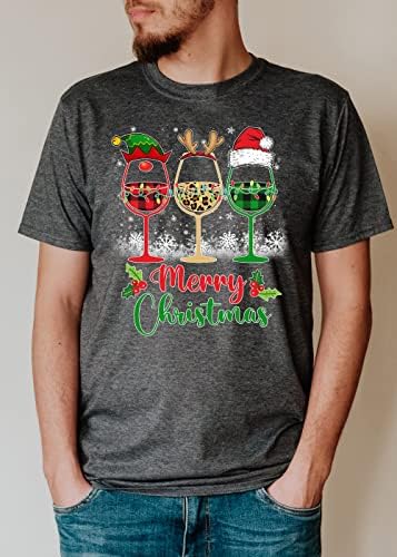 החג שמח חולצה, שלוש יין משקפיים סנטה כובע חג המולד מצחיק יין מאהב, מסיבת חג המולד, נמר משובץ איל