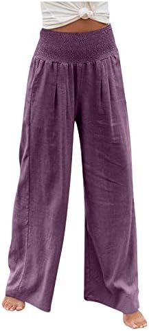 מכנסי רגל רחבים של Zhensanguo לנשים מכנסי פשתן לנשים במותניים גבוהות רגל רחבה מכנסיים ארוכים עם כיסים