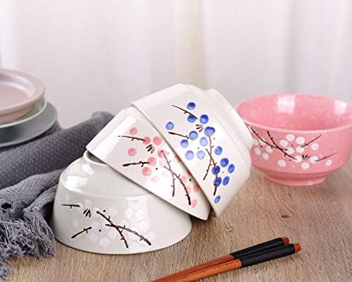 סט ווננוי של 4 קערת אורז קרמיקה בסגנון יפני, 4 פריחת דובדבן צבעונית מגוונת בין קערות דפוס פתית שלג