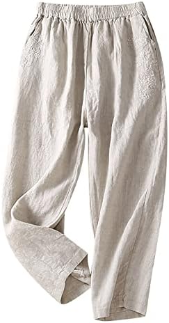 פשתן מכנסיים לנשים אלסטי מותן מקרית קאפרי רחב רגל מכנסיים מכנסי טרנינג בציר רופף גבוהה עלייה