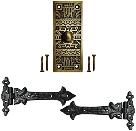 כפתור פעמון דלת Akatva עם סט ציר - 2 חתיכות צירי שער לגדרות עץ כבד - כפתור לחצן פעמון - כפתור פעמון קווי - צירי