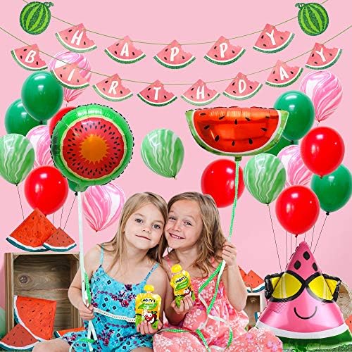 קישוטי מסיבת יום הולדת של Adlkgg Set - פירות קיץ נושא יום הולדת שמח, עוגת אבטיח טופרים בלוני מלון לילדים לילדים