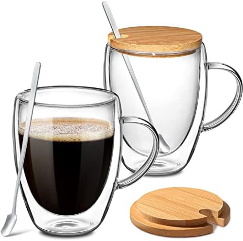 ספלי קפה מזכוכית עם קירות כפולים, 2 חבילות כוסות קפה עם מכסי במבוק 12 אונקיות, ספלי זכוכית מבודדים