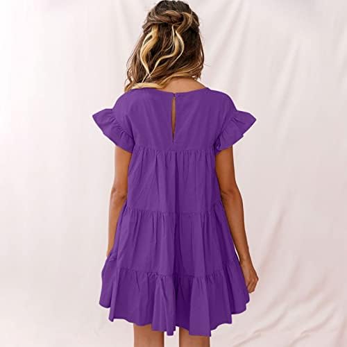 קיץ כותנה פשתן שמלות אופנה מוצק צבע קצר שרוול חולצות שמלה מזדמן זורם מיני שמלות עם כיסים