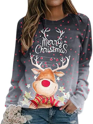 Xiloccer 2023 חולצות גרפיות לחג המולד של נשים נשים מדי יום הדפס חג מולד שמח, סווטשירט צוואר סווטשירט עגול