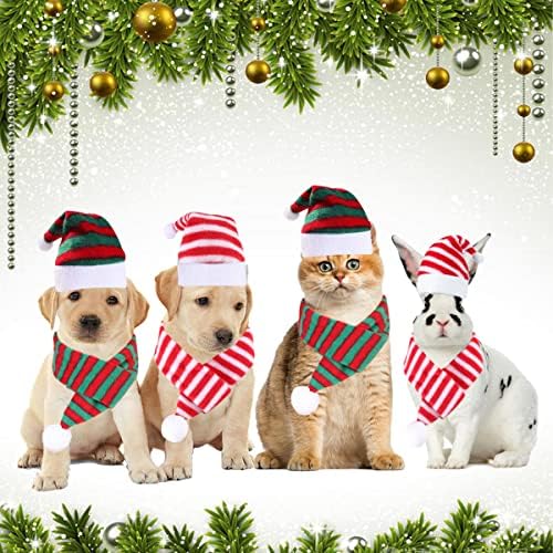 4 חבילות כובע סנטה חתול עם כלב צעיף כובע חג מולד ותלבושות חג מולד מפוספסות לצעיף לחתולי כלבים קטנים