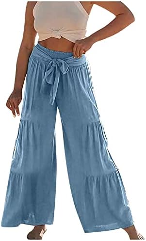 מכנסי רגל רחבים של Ozmmyan לנשים מותניים מזדמנים מותניים אלסטיים רצועות רצועות צבע אחיד פרוע מכנסיים ארוכים