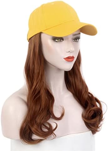 אופנה גבירותיי כובעים, כובעי שיער, צהוב בייסבול כובעים, פאות, ארוך מתולתל חום פאות, כובעים