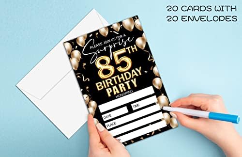 הזמנה ליום הולדת 85 - הזמנה ליום הולדת שחור וזהב - יום הולדת הזמנת רעיונות לאישה ומבוגרים - 20 כרטיסי הזמנה למילוי
