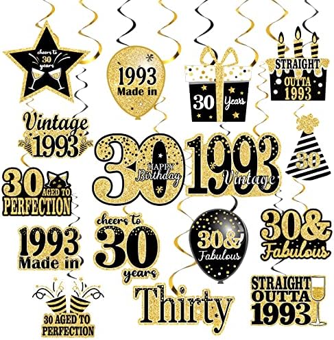 36 יחידות יום הולדת 30 לקישוטים למסיבות גבר ונשים בציר זהב שחור 1993 מערבולות תלויות בנות שלושים שנה