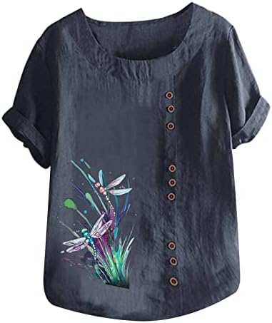 צמרות גדולות לנשים פשתן כותנה שרוול קצר חולצות חולצות אופנה הדפסה טרופית חולצות כפתור צוואר