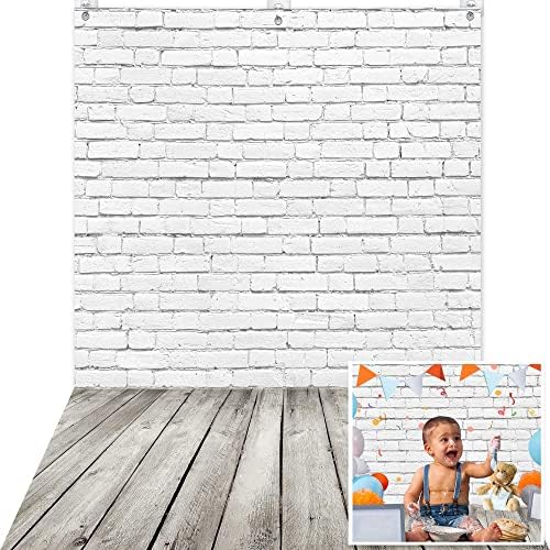 ג ' יומסי פוליאסטר 5 על 7.7 רגל קיר לבנים לבן עם רצפת עץ רקע צילום עם 3 ווים למקלחת תינוק יילוד דיוקן צילום רקע