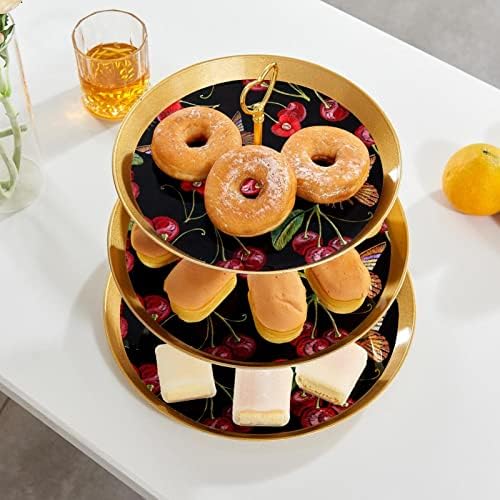 דוכן עוגה, קינוח שולחן תצוגת סט,פירות קינוח תצוגת צלחת, חלקה אדום פירות פרפר שחור דפוס