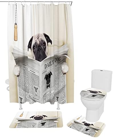 4 חלקים של וילון מקלחת מפתיחים פוג מצחיק כלב מעשן סיגר שקורא את העיתון השירותים כוללים שטיח ללא החלקה, כיסוי