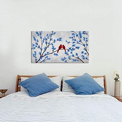 ציפורים אדומות עצים כחולים בד אמנות קיר אהבה רומנטית מופשט נוף יער הדפסת תמונה על בד לעיצוב בית חדר