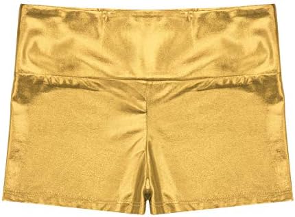 Yeeye ילדים בנות מטאליות רטובות מראה מכנסיים קצרים להתעמלות יוגה מכנסיים חמים צמודים שחייה ספורט תחתונים זהב+מתכתי