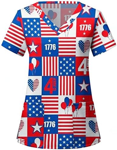 4 ביולי חולצות לנשים דגל ארה ב קיץ שרוול קצר חולצת טריקו עם 2 כיסים חולצה למעלה בגדי עבודה מזדמנים