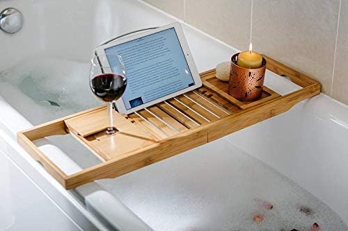 מגש אמבטיה של אמבטית במבוק מעושן שולחן מגש אמבטיה מעץ עם צדדים מרחיבים, מתלה קריאה, מחזיק טבליות, מגש סלולרי