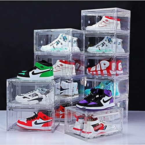 12 קופסאות נעליים אריזה, קופסאות נעליים פלסטיק אקריליות ברורות הניתנות לערימה, טיפה מתקפלת על שטח קופסאות