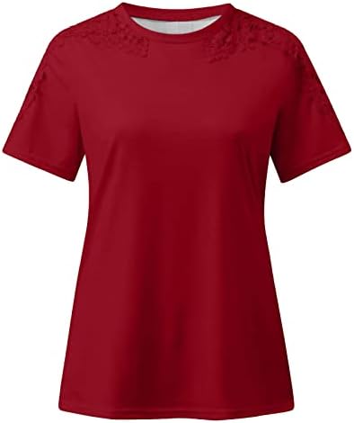 חולצת תחרה חמודה חולצה עליונה קיץ שרוול קצר תחרה חלול החוצה חולצות צוואר עגול מזדמן אדום
