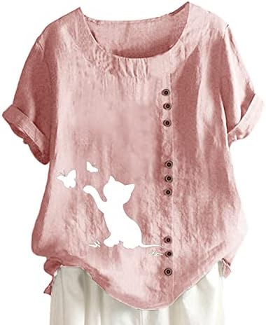נשים כותנה פשתן חולצת טי למעלה טרנדי פרחוני בציר רופף טוניקת טי 2023 קיץ קצר שרוול בתוספת גודל חולצה