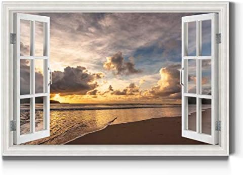 עיבודים גלריה חוף שקיעה חלון פתוח אמנות קיר, יצירות אמנות ריאליסטיות, אוקיינוס ציורי, עננים ושמיים,