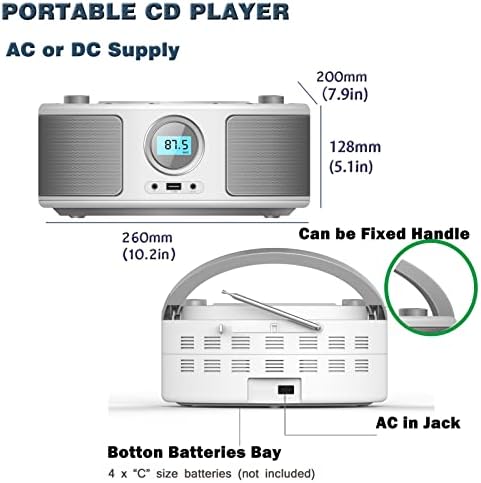 רדיו CD נייד נגן CD Boombox עם Bluetooth, רדיו FM, קלט USB ושקע אוזניות AUX 3.5 ממ, CD-R/CD-RW/MP3/WMA
