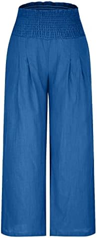 נשים גבוהה מותן קפלים כותנה פשתן מכנסיים רופף מזדמן רחב רגל מכנסיים מוצק צבע מכנסיים עם כיסים