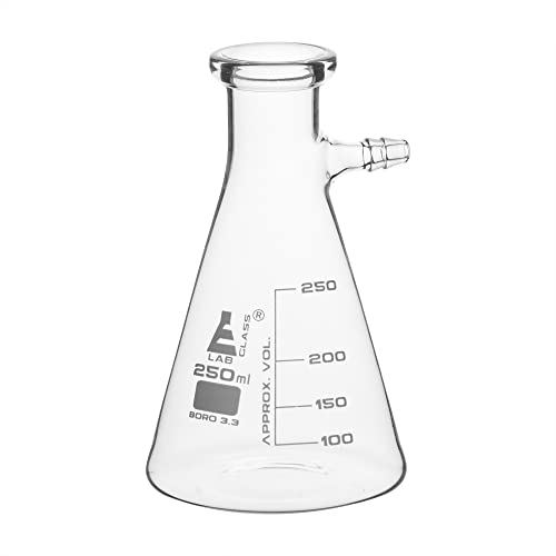 בקבוק סינון, 250 מיליליטר - זכוכית בורוסיליקט-צורה חרוטית, עם זרוע צדדית אינטגרלית-סיום לימודים לבן-מעבדות