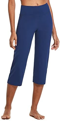יוגה מכנסיים לנשים קאפריס גבוהה מותן חותלות עם כיסים רחב רגל תרגיל אימון יבול ישר פתוח תחתון