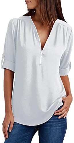 חולצת טי אופנה לנשים רוכסן קדמי V צוואר טוניקה צוואר מוצק גלגול מעלה חולצה חולצה מעוקלת חולצות מזדמנים