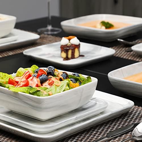 ערכות כלי אוכל מרובעים של מלאקה, צלחות אפורות ושיש אפור עם 24 חלקים שהוגדרו ל 6, ארוחת ערב