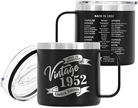 ספל קפה אבוד 14 גרם, וינטג '1952 מתנות ליום הולדת 70, כוס כוס נירוסטה עם ידית - ספל קמפינג מבודד ואקום