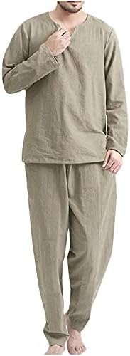 פיג'מה מוגדרת לגברים מזדמנים לגברים דק כותנה נושמת פשתן שרוול ארוך צמרות ומכנסיים שני חתיכות חליפות