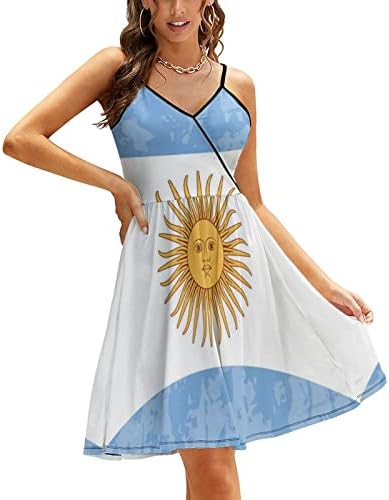 רטרו ארגנטינה דגל נשים סיבתי קיץ שמלת ספגטי רצועת מידי שמלה ללא שרוולים עם צווארון חוף שמלות