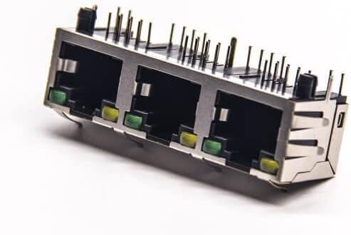 Gxmrhwy 20pcs RJ45 מחבר זווית ישרה PCB הר PCB 8P8C 3 יציאה דרך חור עם LED EMI