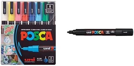 Posca Paint Marker Pen - נקודה משובחת - סט של 8, Multicelor & Posca סמן צבע אקרילי, בינוני, שחור