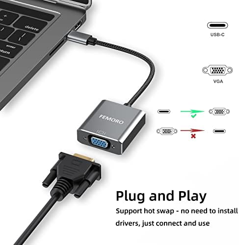 Femoro USB C ל- VGA מתאם, USB סוג C ל- VGA מתאם קלוע זכר לממיר נקבה תואם ל- MacBook Pro Air 2022, iPad Pro