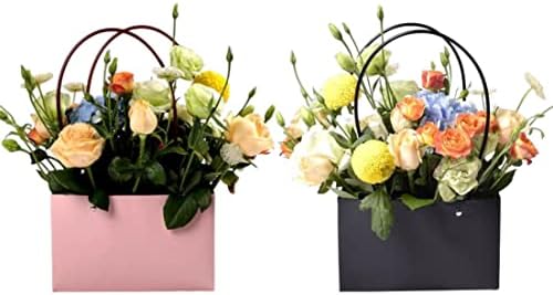 שקית מתנת פרחים מלבן זר פרחים שקית מתנת נייר עם ידית למסיבה טובה ורוד שחור 10 יחידות 22 על 10.5 על 13.5 סמ