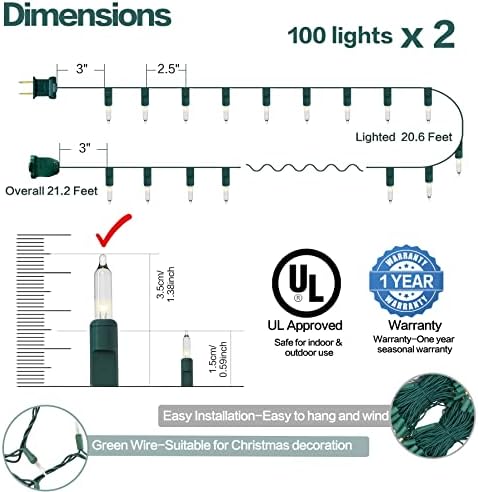 אורות חג המולד,2 חבילה 21.2 רגל 100 לספור מיני ברור חג המולד מחרוזת אורות עבור חיצוני & מגבר; מקורה, לחיבור