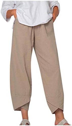 קאפרי מכנסיים לנשים כותנה פשתן רחב רגל קאפריס נשים קיץ קצוץ מכנסיים חוף אלסטי מותניים בבאגי