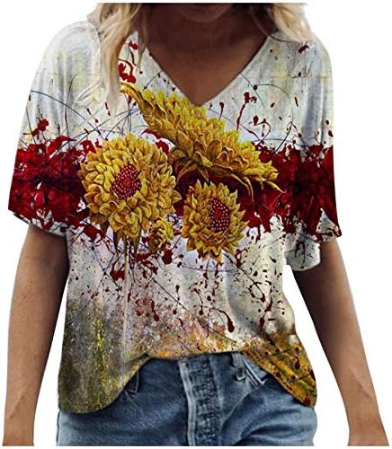 נשים חולצות גרפיות קיץ מקרית חולצות טרנדי קצר שרוול סקסי צווארון הדפסת רך רופף טוניקת טיז
